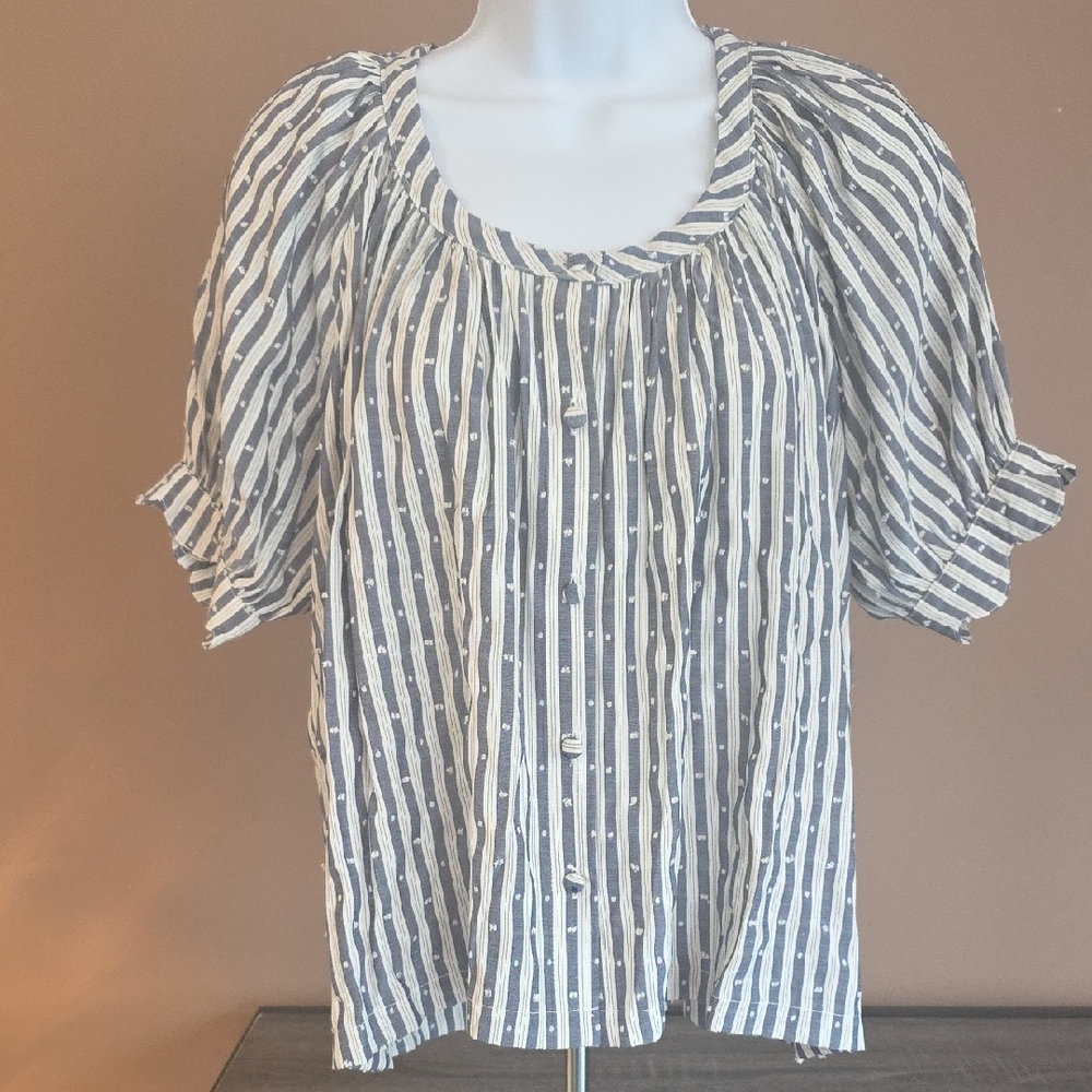 Black and White Puff Sleeve Ruched Blouse